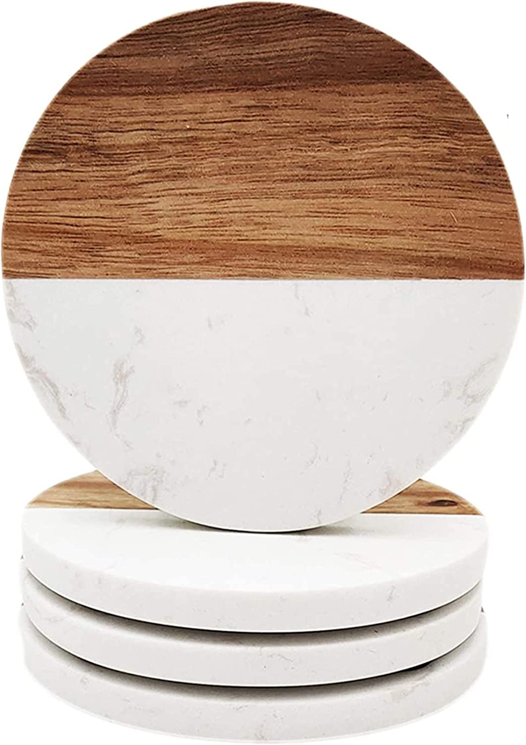 Kauri Natural White Marble Coasters | Set of 4 Half Mango Wood | Round Marble Coasters Set for drinks. Wood and Marble Home Decor | Marble coaster set