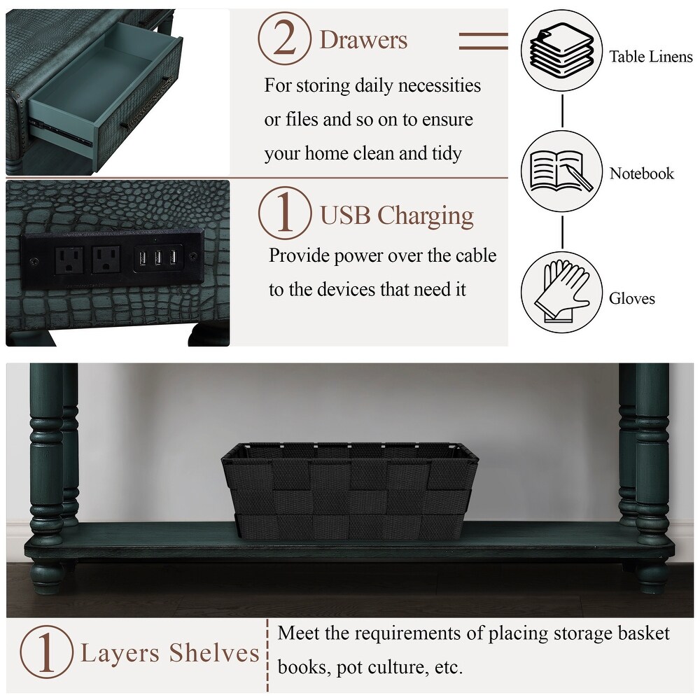 Imitation Crocodile Skin Apperance Sofa Table Wood Console Table with Two Drawers  2 Power Outlets and 2 USB Ports