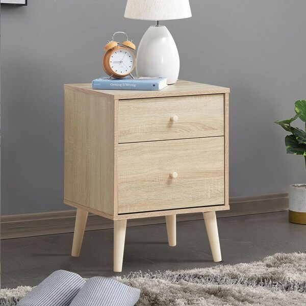 Fashion Set of 2 Nightstand 2-Drawer Beside End Side Table w/Rubber Legs Oak Finish - - 38045484