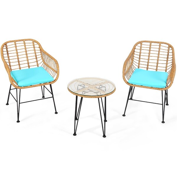 3 PCS Patio Bistro Set Rattan Conversation Set with Round Coffee Table