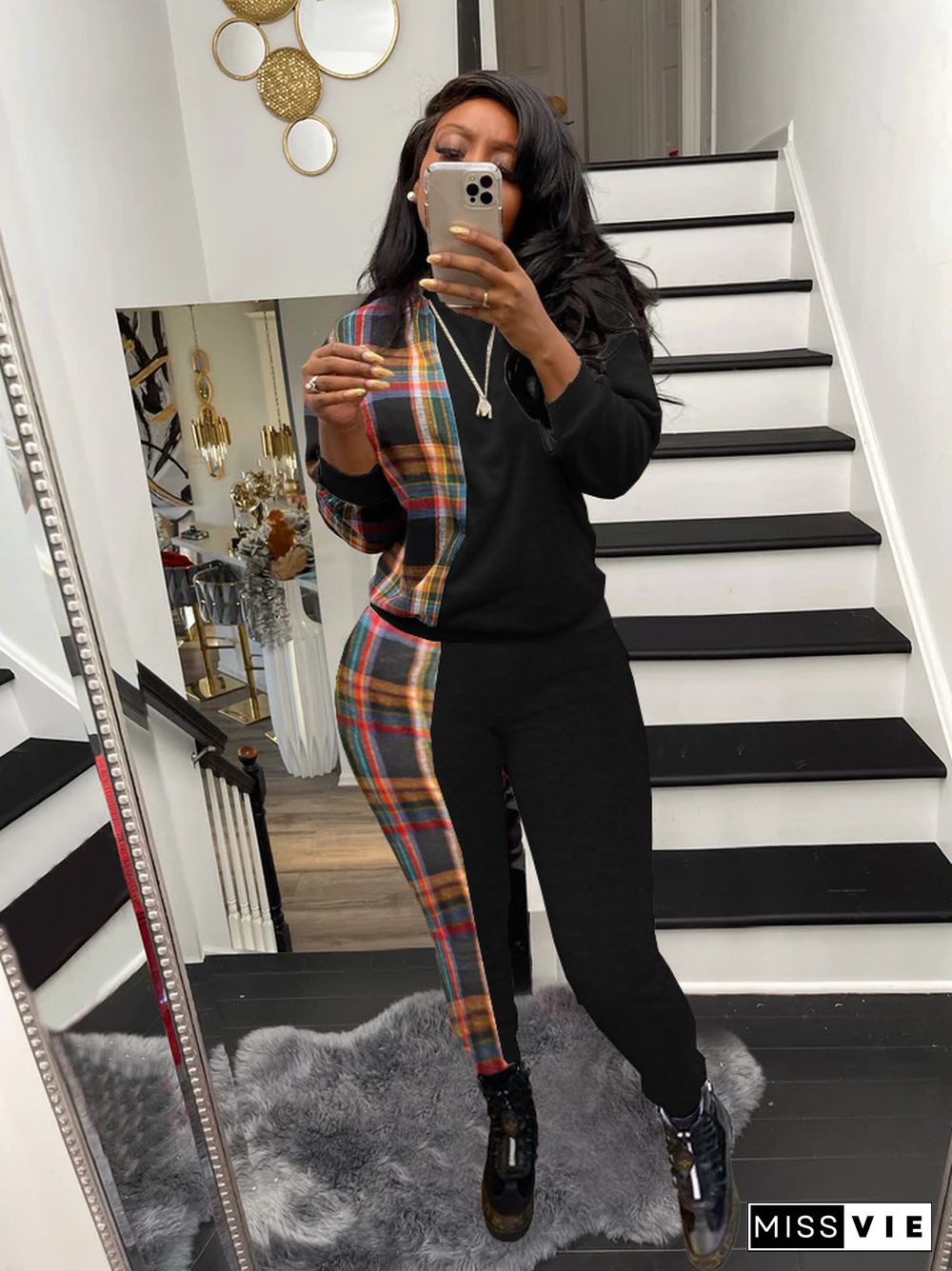 Plaid Patchwork Long Sleeve Sweatshirt Pencil Pants Set