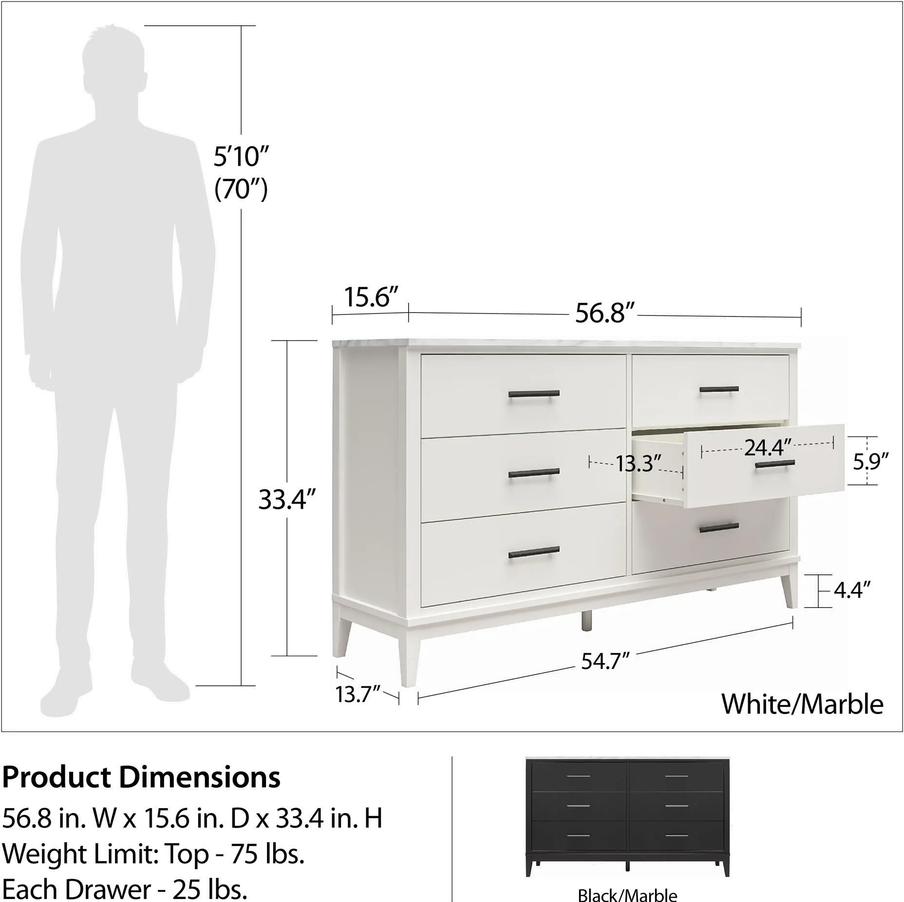 Lynnhaven Black 6 Drawer Dresser with White Marble Top