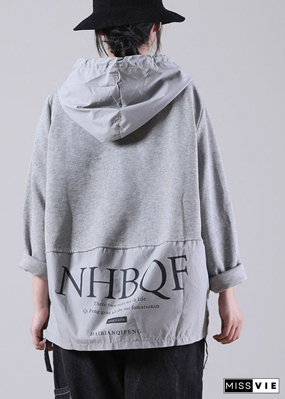 Comfy Grey Hooded drawstring Graphic Fall Patchwork Sweatshirts Top