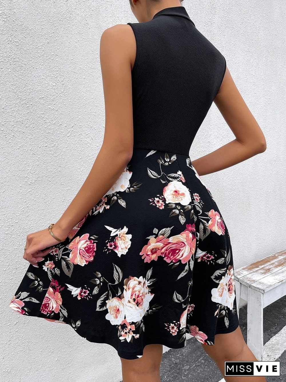 Floral Sleeveless Neck Tie Mini Dress