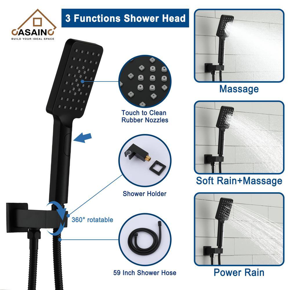 CASAINC 3-Spray Patterns with 2.5 GPM 10 in. Tub Wall Mount Dual Shower Heads in Spot Resist Matte Black Rough-in Valve OY-98A1003-MB