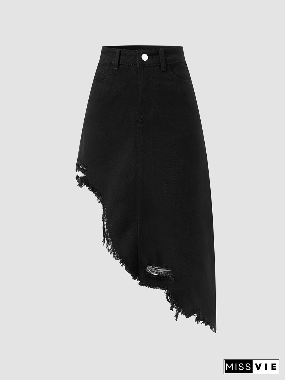 Solid Asymmetrical Frayed Pocket Ripped Denim Skirt