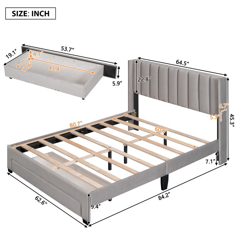 Queen/Full Size Velvet Upholstered Platform Bed with a Big Storage Drawer