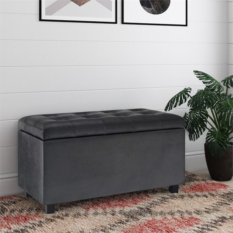 Simpli Home Cosmopolitan Faux Leather Storage Ottoman in Distressed Saddle Brown   Transitional   Footstools And Ottomans   by Homesquare  Houzz