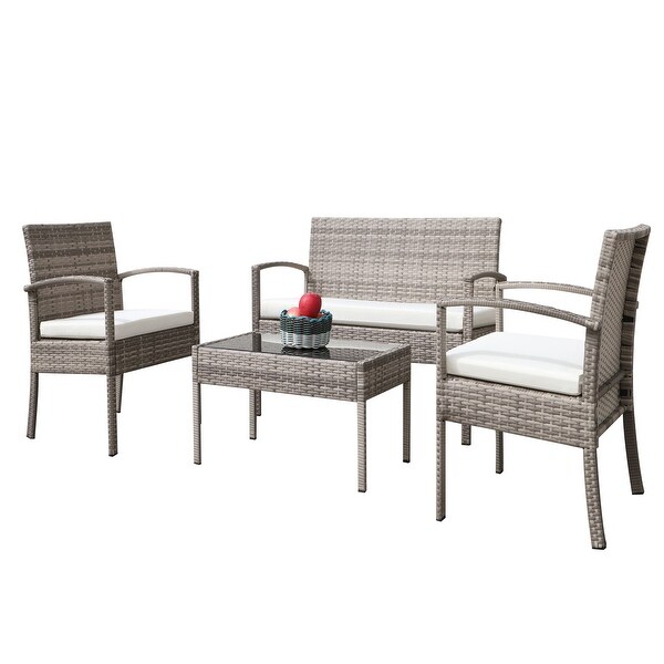 4 pieces Outdoor PE Rattan Weaving Wicker Conversation Sets， Beige - Overstock - 37882934