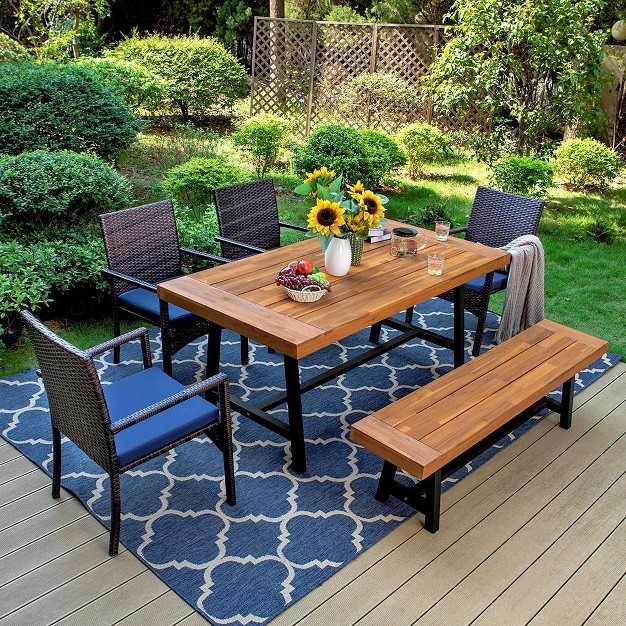 6pc Patio Dining Set With Acacia Wood Table amp Bench And 4 Pe Rattan Chairs Captiva Designs