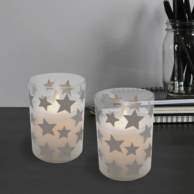 2ct Battery Operated Glass Led Candles With Moving Flame Silver Stars