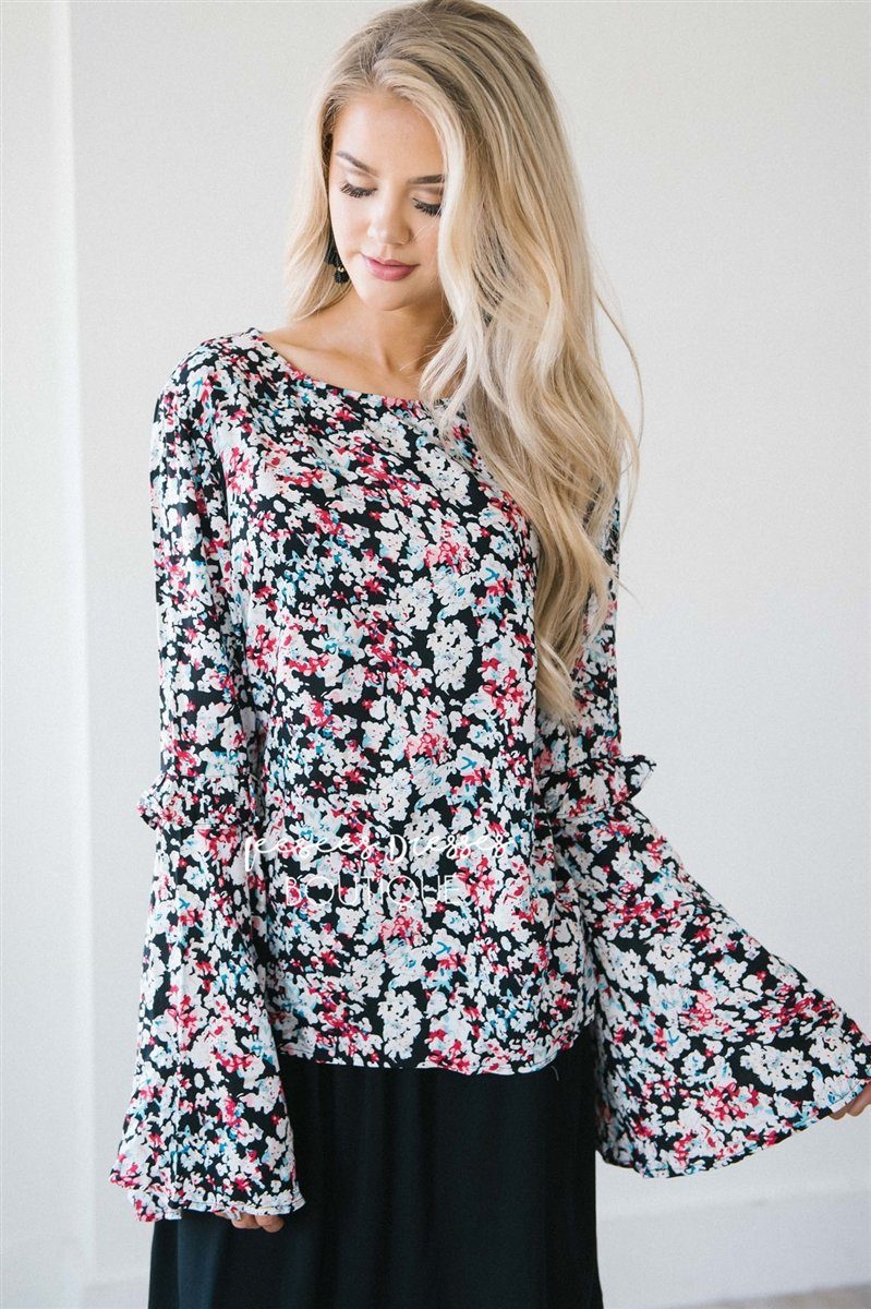 Long Bell Sleeve Ruffle Trim Top