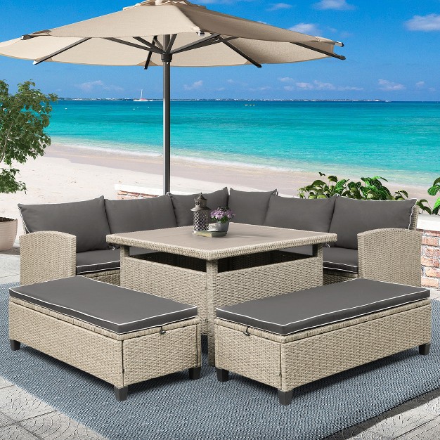 6 piece Outdoor Patio Wicker Rattan Sectional Sofa With Table And Bench For Backyard Garden Pool Side Brown Modernluxe