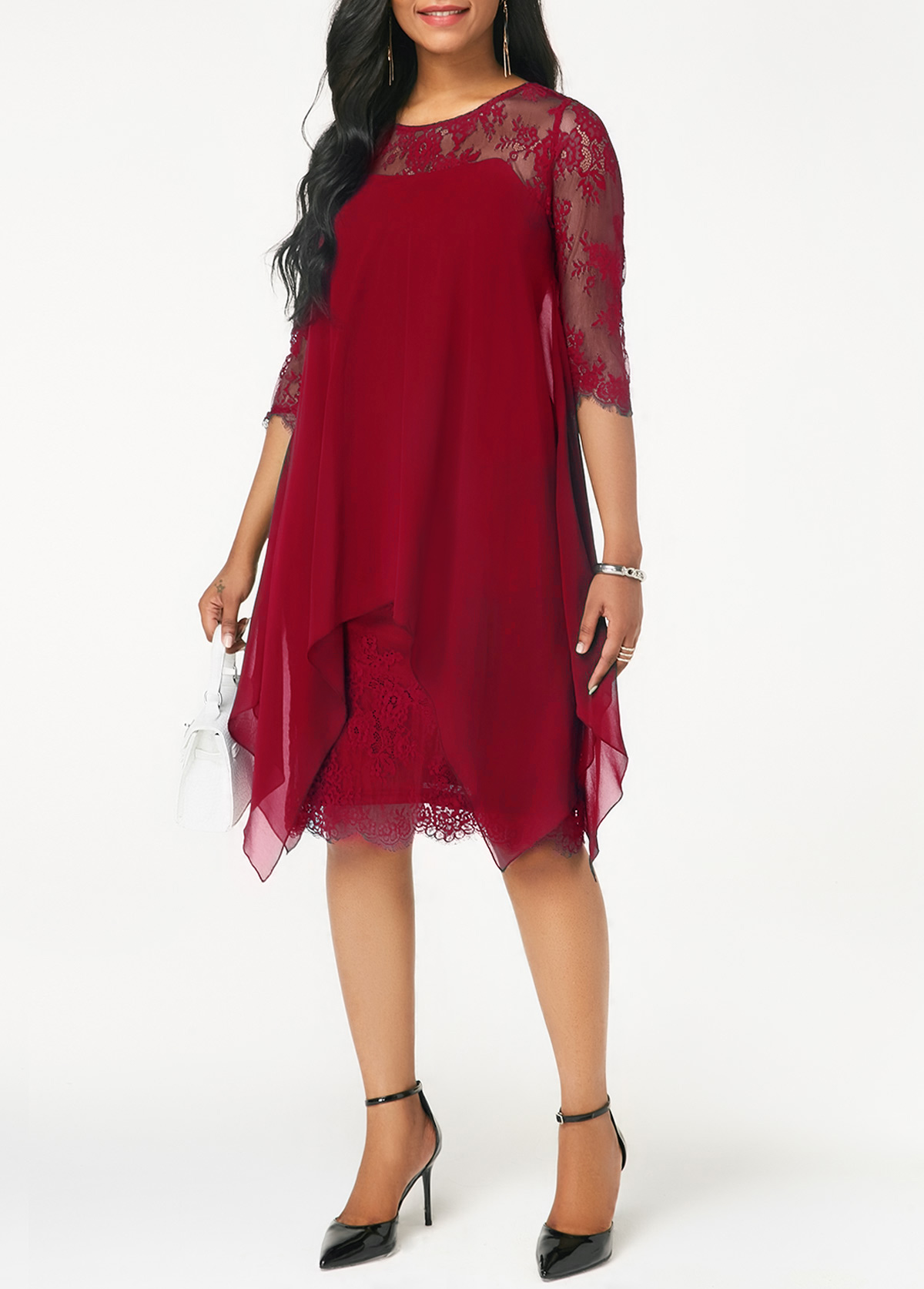 Chiffon Overlay Three Quarter Sleeve Lace Dress