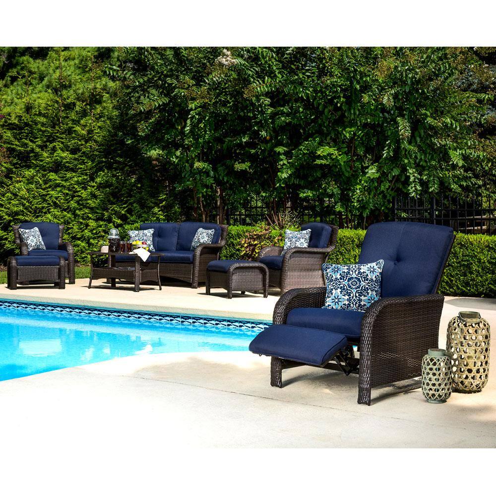 Hanover Strathmere AllWeather Wicker Reclining Patio Lounge Chair with Navy Blue Cushion