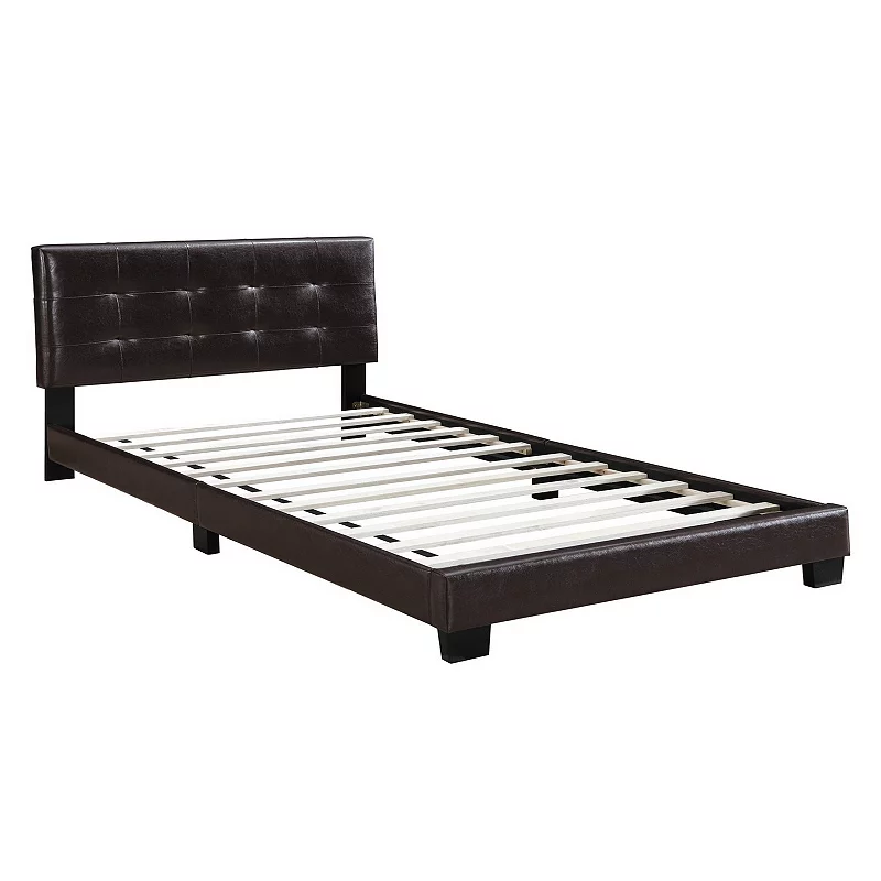 Queen Leatherette Bed with Checkered Tufted Headboard， Dark Brown