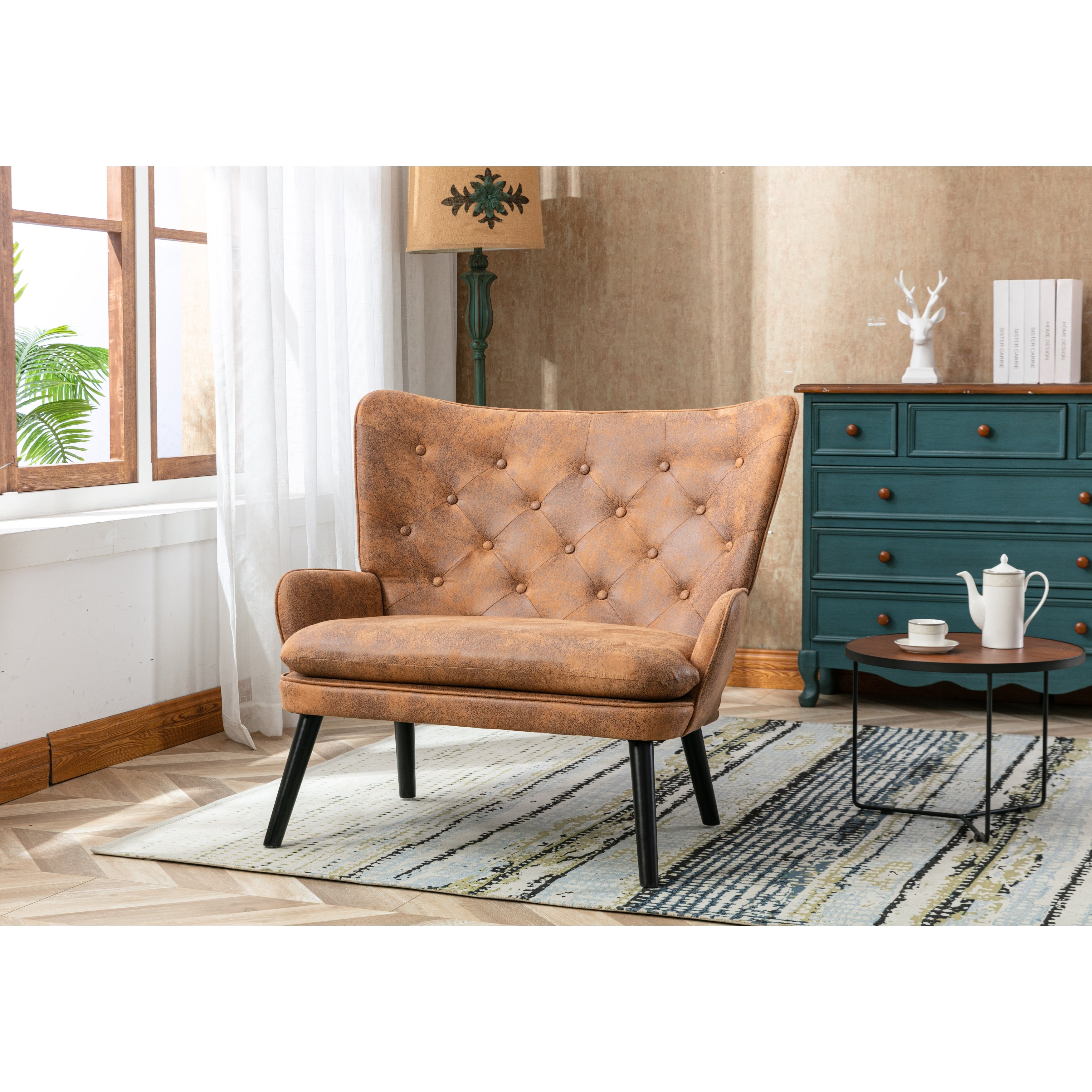 Mid-Century Accent Chair Comfortable Loveseat with High Back and Padded Seat for Cozy Living Room and Bedroom Lounging， Coffee