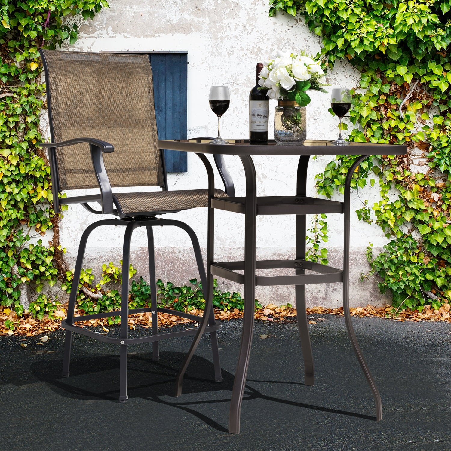 Nuu Garden 32 inch Outdoor Patio Bar Height Bistro Table with Tempered Glass, Table Top and Metal Frame, Suitable for Patio, Back, Yard, Cafes, Bistro, Black