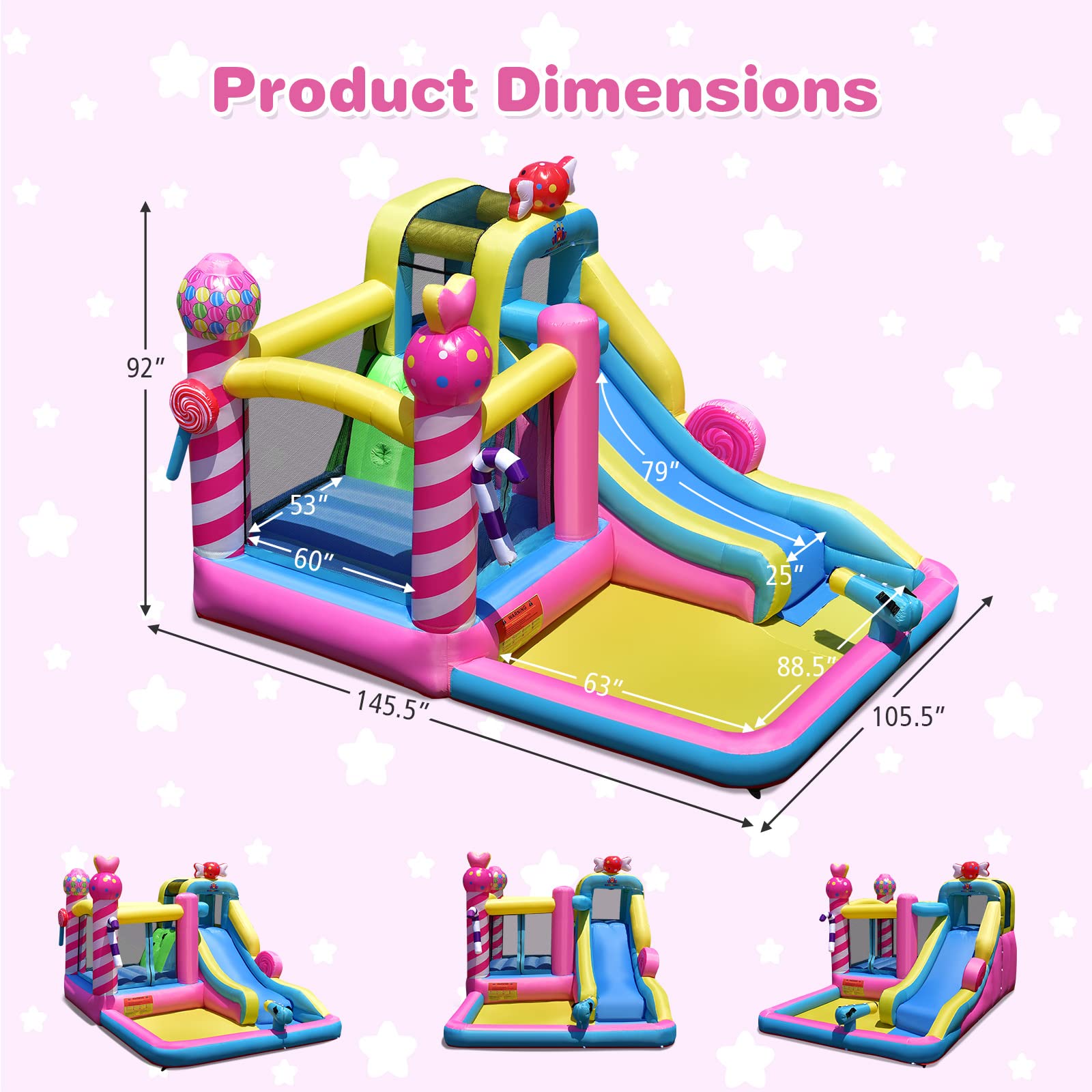 Costzon Inflatable Water Slide, 6-in-1 Sweet Candy Kids Water Bounce House Combo w/480W Blower