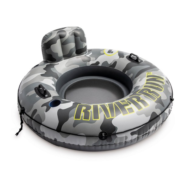 Intex 56835ep River Run I Camo Inflatable Floating Towable Water Tube Raft With Cup Holders And Handles For River Lake Or Pools Gray Camo