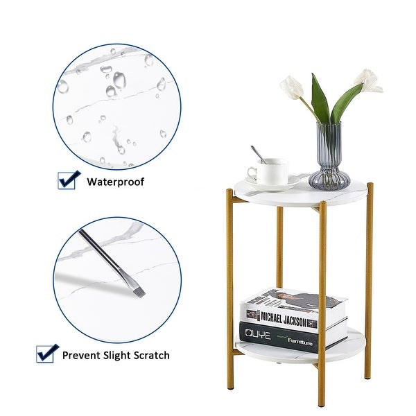 2-Tiers End Table with Marble Tabletop and Metal Frame