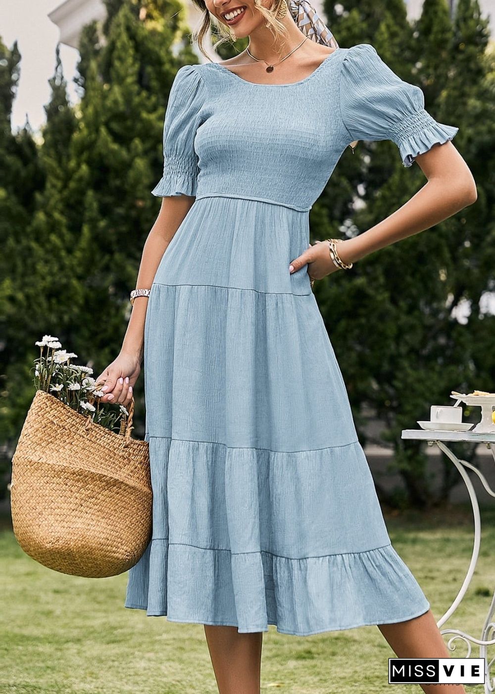 Boho Backless Puff Sleeves Midi Dress