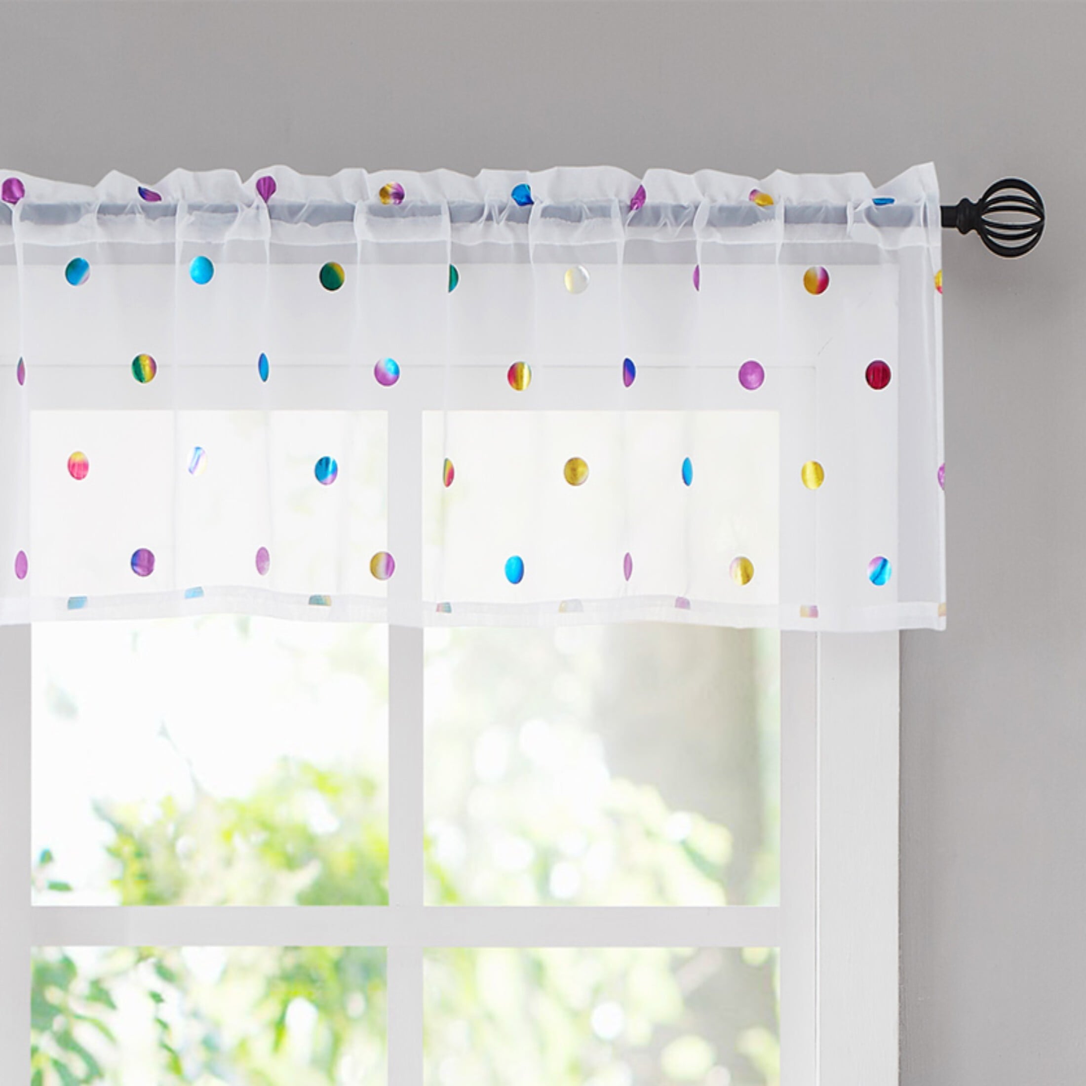 Bazaahm White Valance Curtain for Kitchen Bathroom 15L x 56W Boho Colorful Metallic Polka Dot Sheer Window Valance, Rod Pocket, 1 Panel