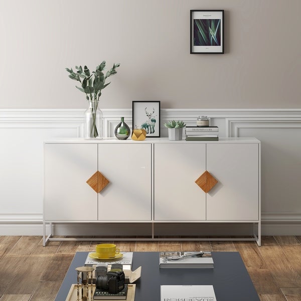 White Wood Entryway Console Table Storage Sideboard with 4-door