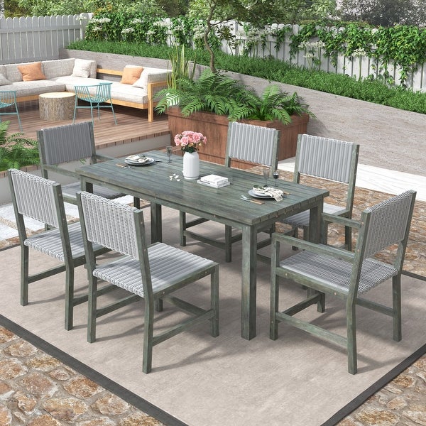 Wood And Rattan Outdoor Dining Table And Chairs For 6 People -  - 37506563