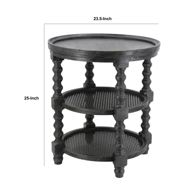 Jake 25 Inch 3 Tier Side Table， Fir Wood， 2 Woven Wicker Shelves， Black