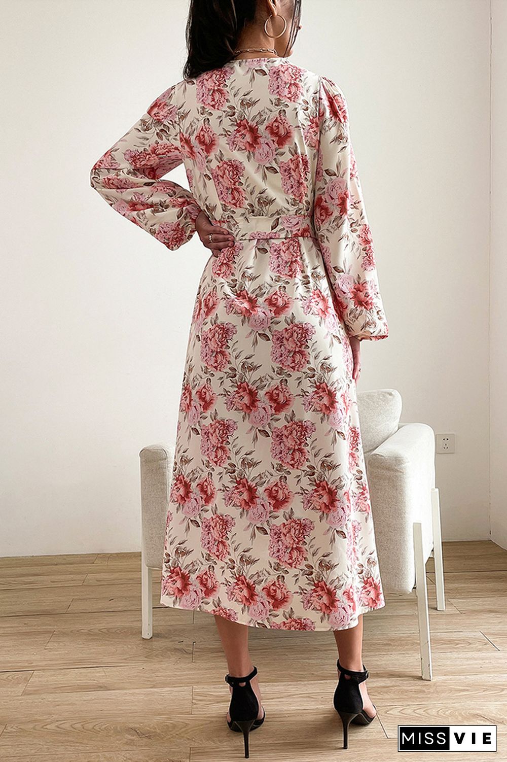 V Neck Puff Sleeve Waist Tie Knot Split Floral Dress