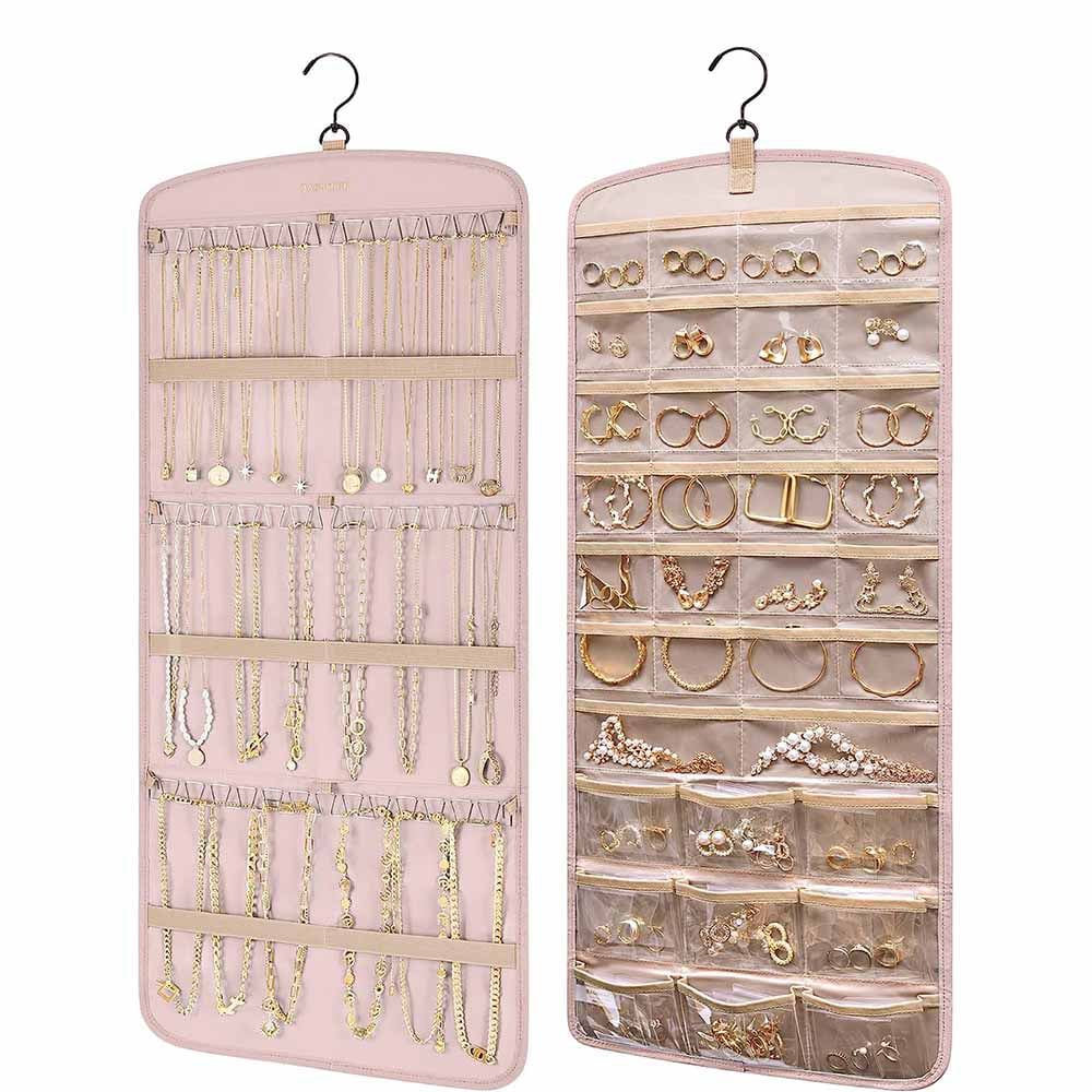 Jewelry Organizer, Hanging Double Sided Jewelry Storage Bag for Necklace Earrings Ring, Pink