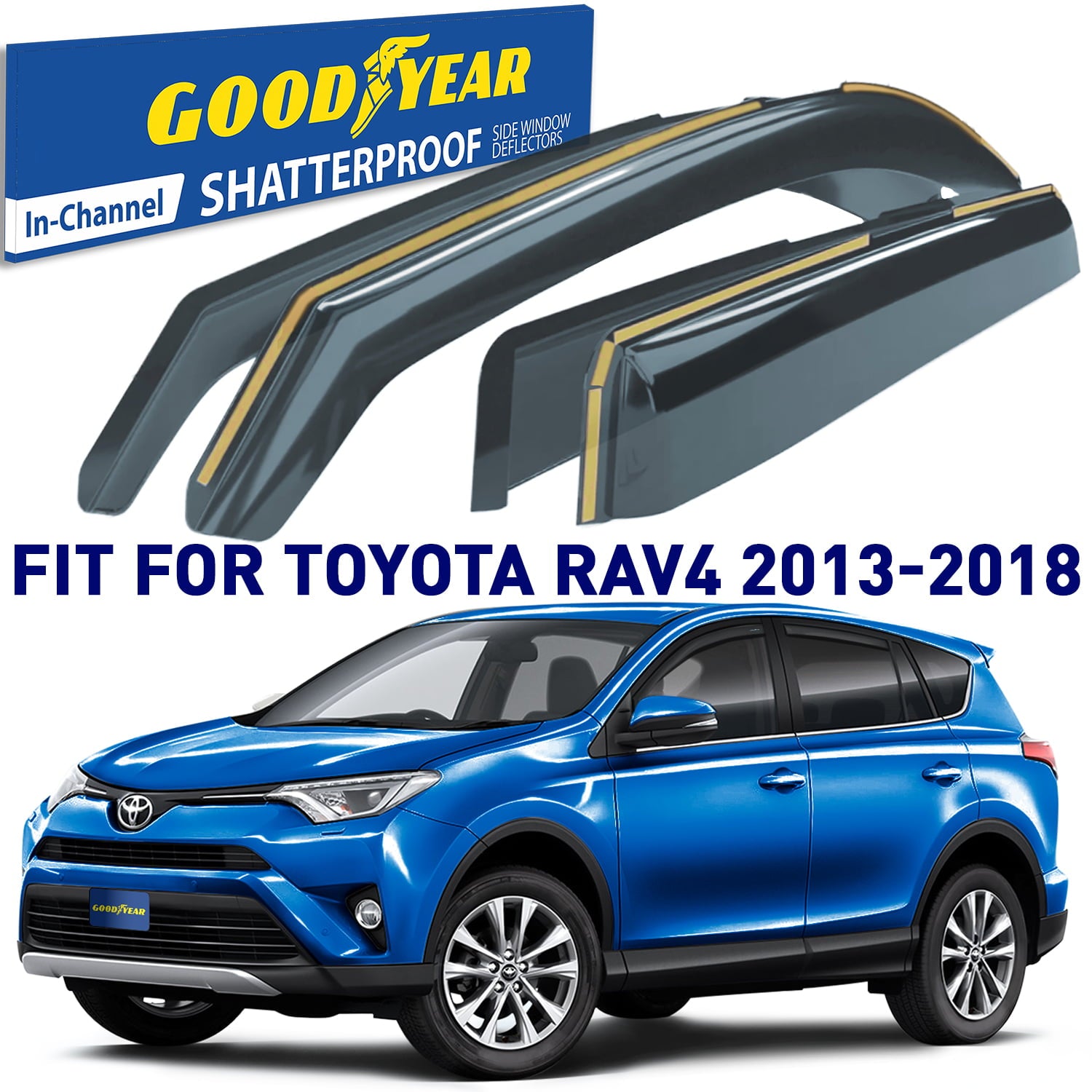 Goodyear Shatterproof in-Channel Window Deflectors for Toyota RAV4 2013-2018， Rain Guards， Window Visors for Cars， Vent Deflector， Car Accessories， 4 pcs - GY003486