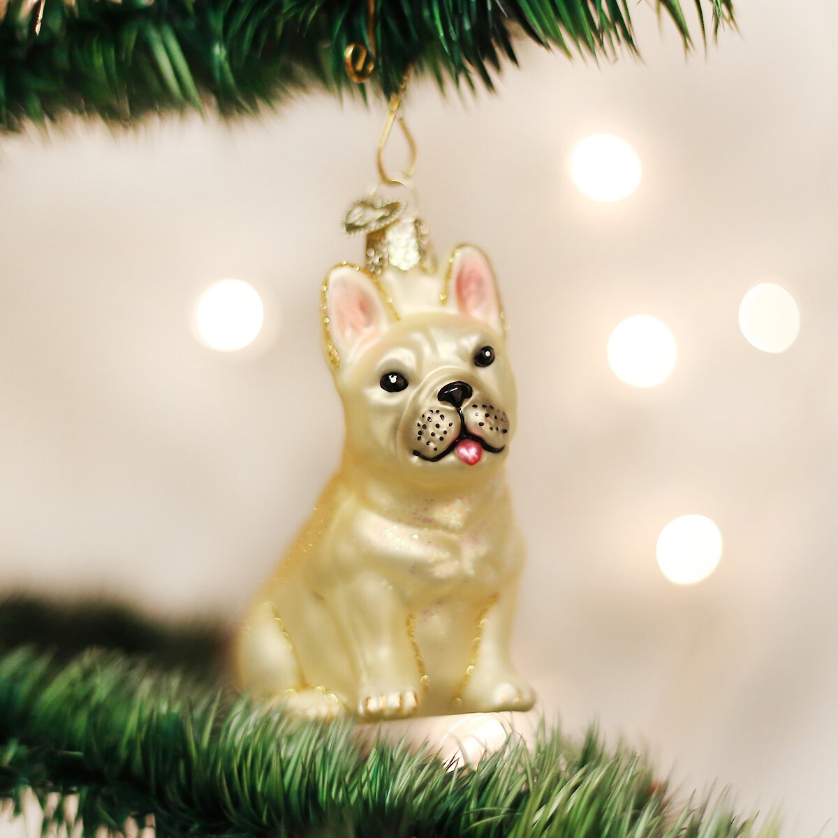 Old World Christmas French Bulldog Glass Tree Ornament， 3.5-in