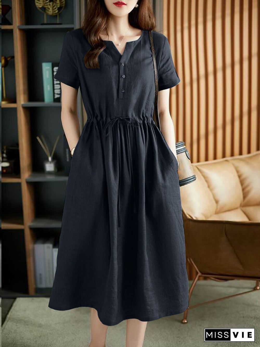 Solid Pocket Drawstring Waist Button Short Sleeve Dress