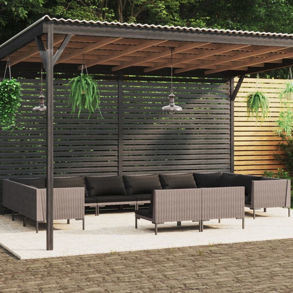 12 Piece Patio Lounge Set with Cushions Poly Rattan Dark Gray - Overstock - 36364950