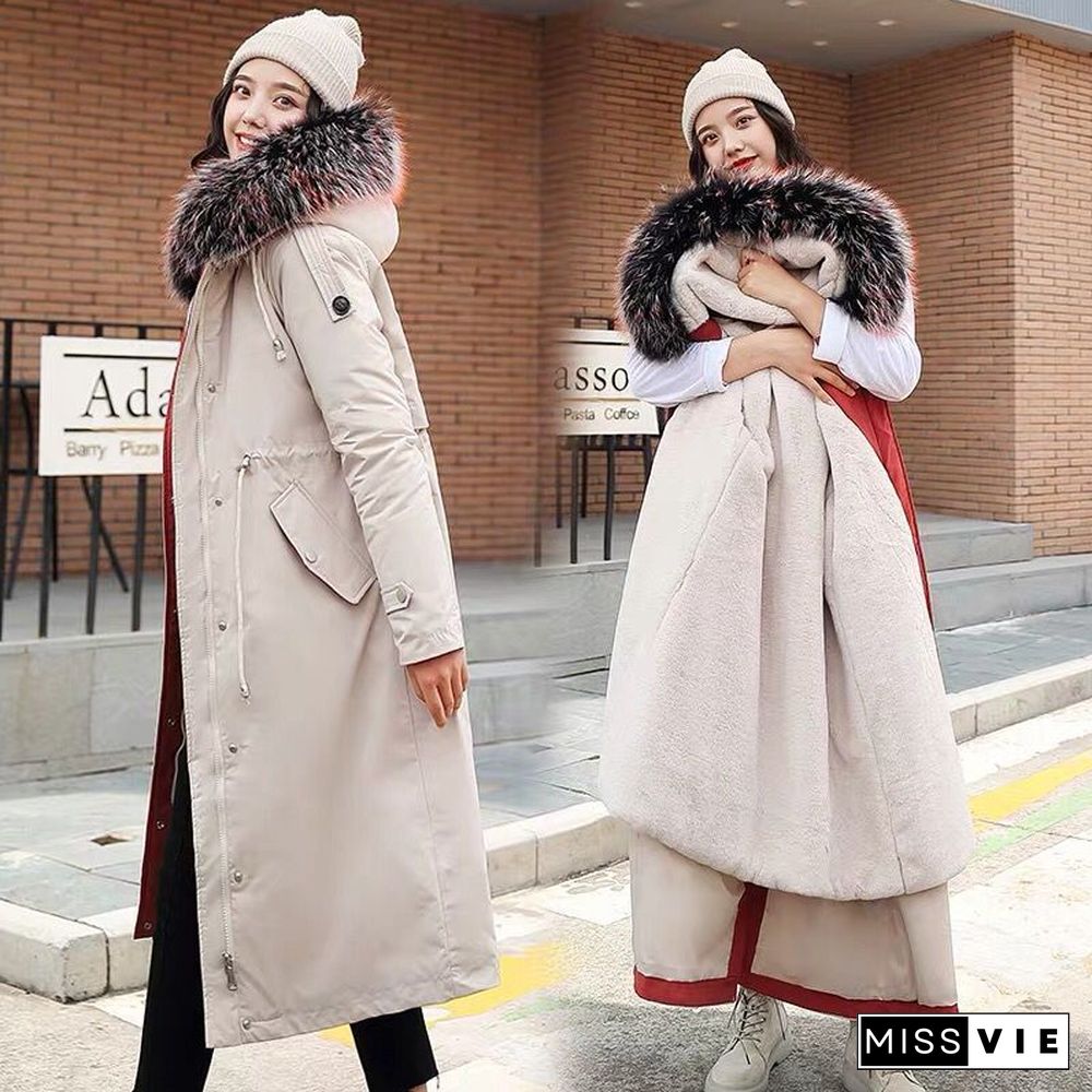 Fashion Long Detachable Lamb Hair Liner Parker Cotton Jacket Coat New Warm Women'S Winter Jackets Big Faux Fur Coats Parkas