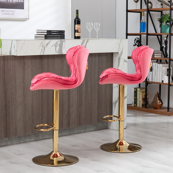 Modern Bar Stools with Chrome Footrest and Base Swivel Height Adjustable Mechanical Lifting Velvet， Golden Leg， Set of 2