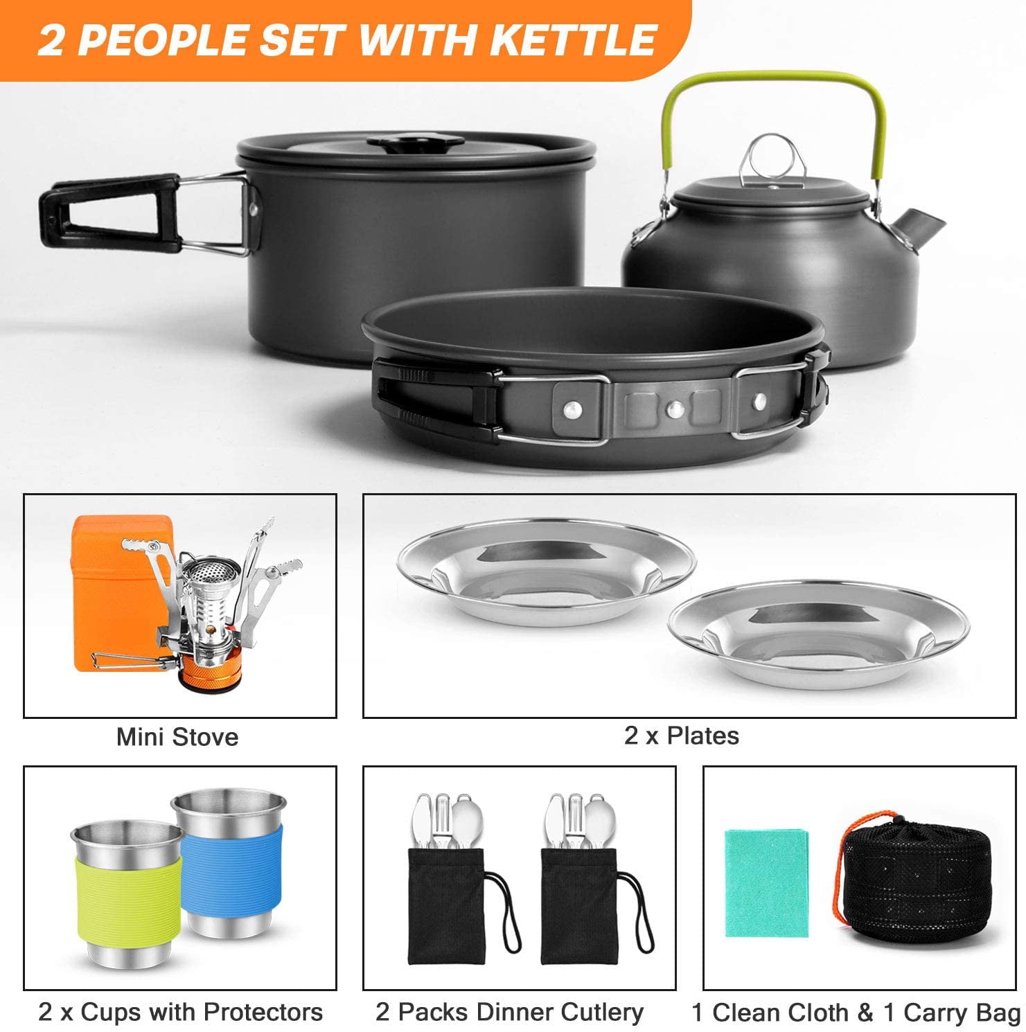 16pcs Camping Cookware Set with Folding Camping Stove, Non-Stick Lightweight Pot Pan Kettle Set with Stainless Steel Cups Plates Forks Knives Spoons for Camping Backpacking Outdoor Picnic