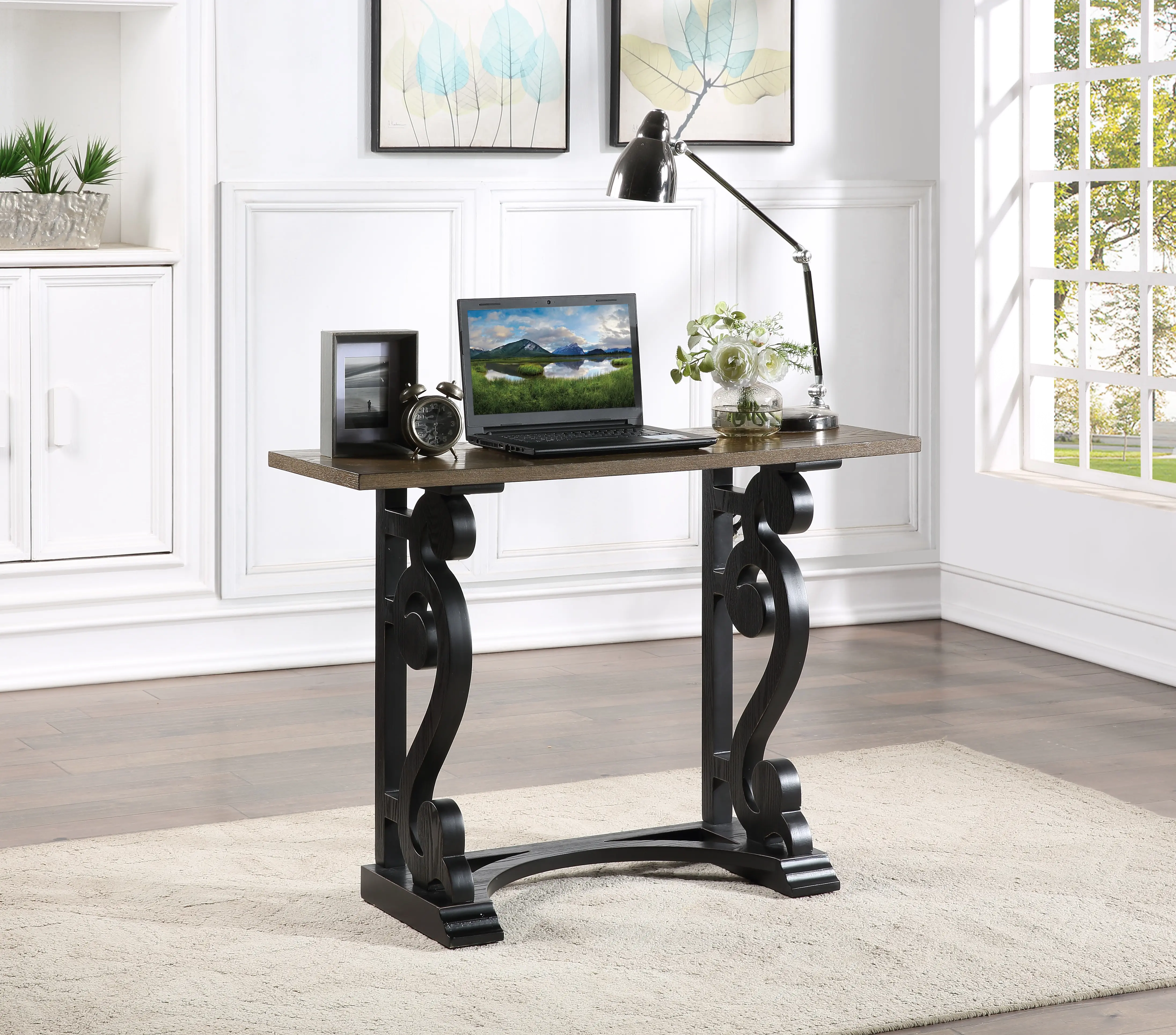 Traditional Brown and Black Accent Console with Scroll Legs