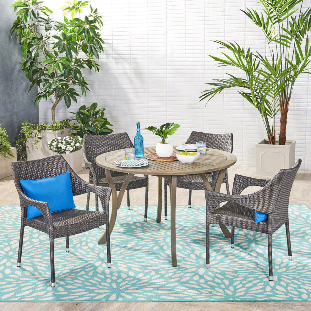 GDF Studio 5 Piece Baish Outdoor Acacia and Wicker Dining Set  Gray   Tropical   Outdoor Dining Sets   by GDFStudio  Houzz