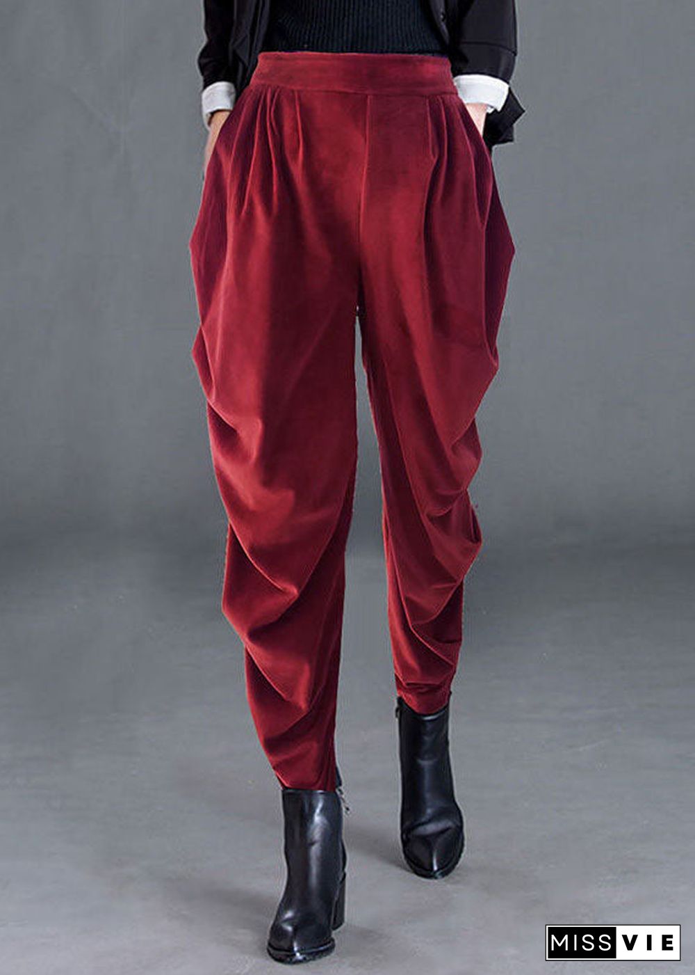 Plus Size Red High Waist Pockets Casual Jogging Fall Pants