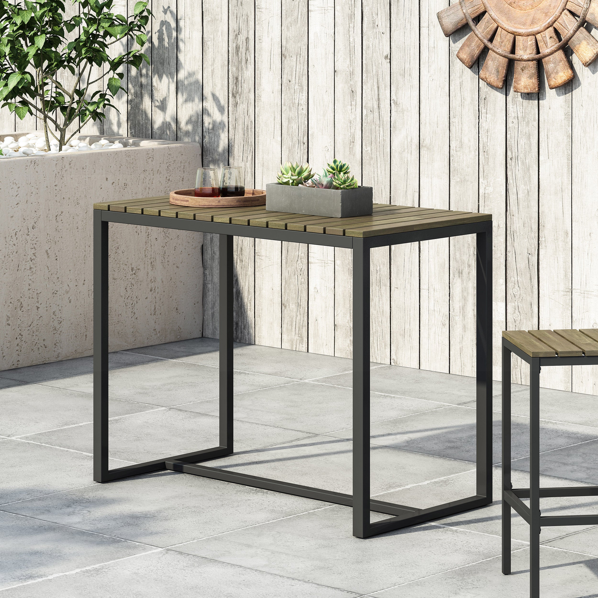 Arath Outdoor Modern Industrial Acacia Wood Bar Table