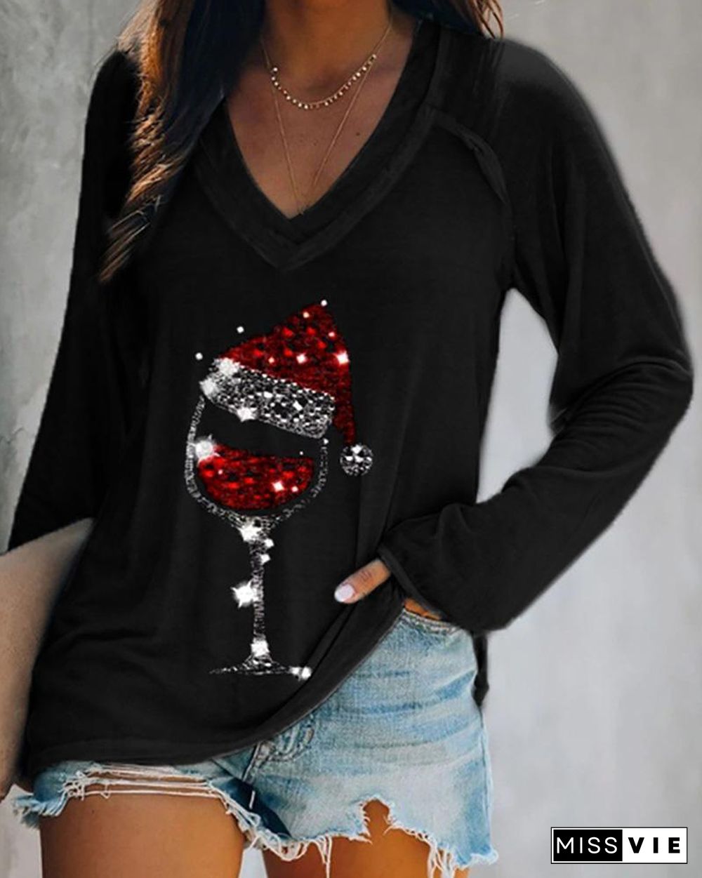 Christmas Wine Glass Print Casual Sweatshirt P10841