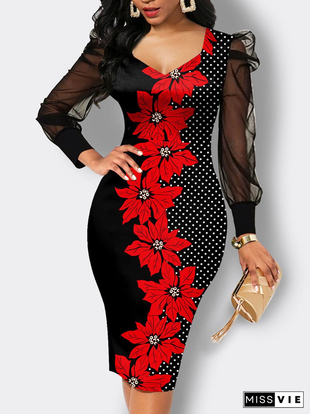 Women's Long Sleeve Graphic Stitching Midi Dress