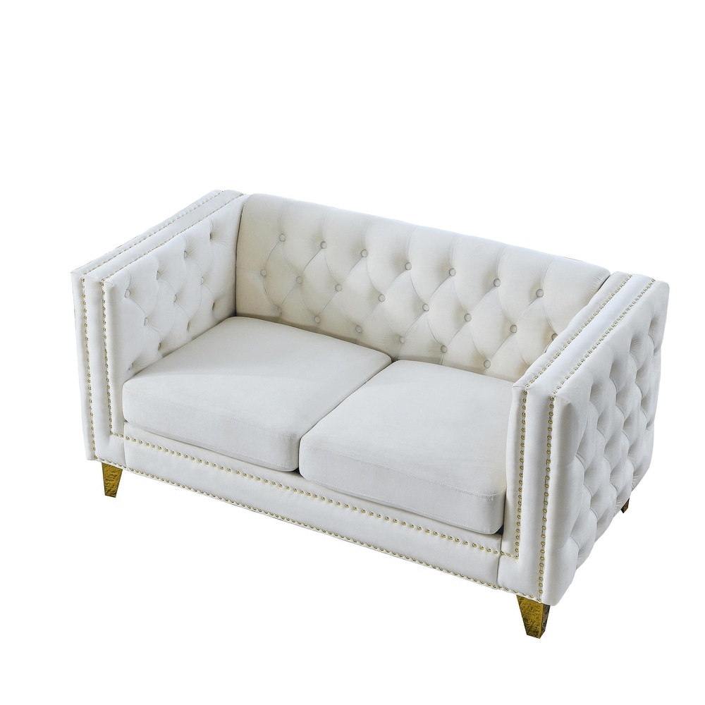 Classic Velvet Chesterfield Sofa Set with Nailhead Trim and Buttons Tufted Backrest  Solid Wood Frame  3 Seater Sofa + Loveseat