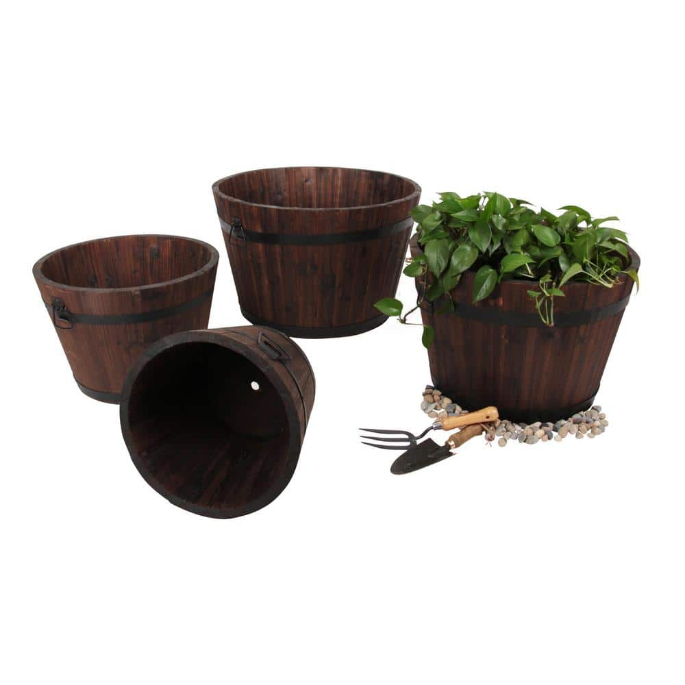 Leisure Season Large Barrel Style 26 in. W x 26 in. D x 17 in. H Round Wooden Brown Planters (4-Pack) BROP101