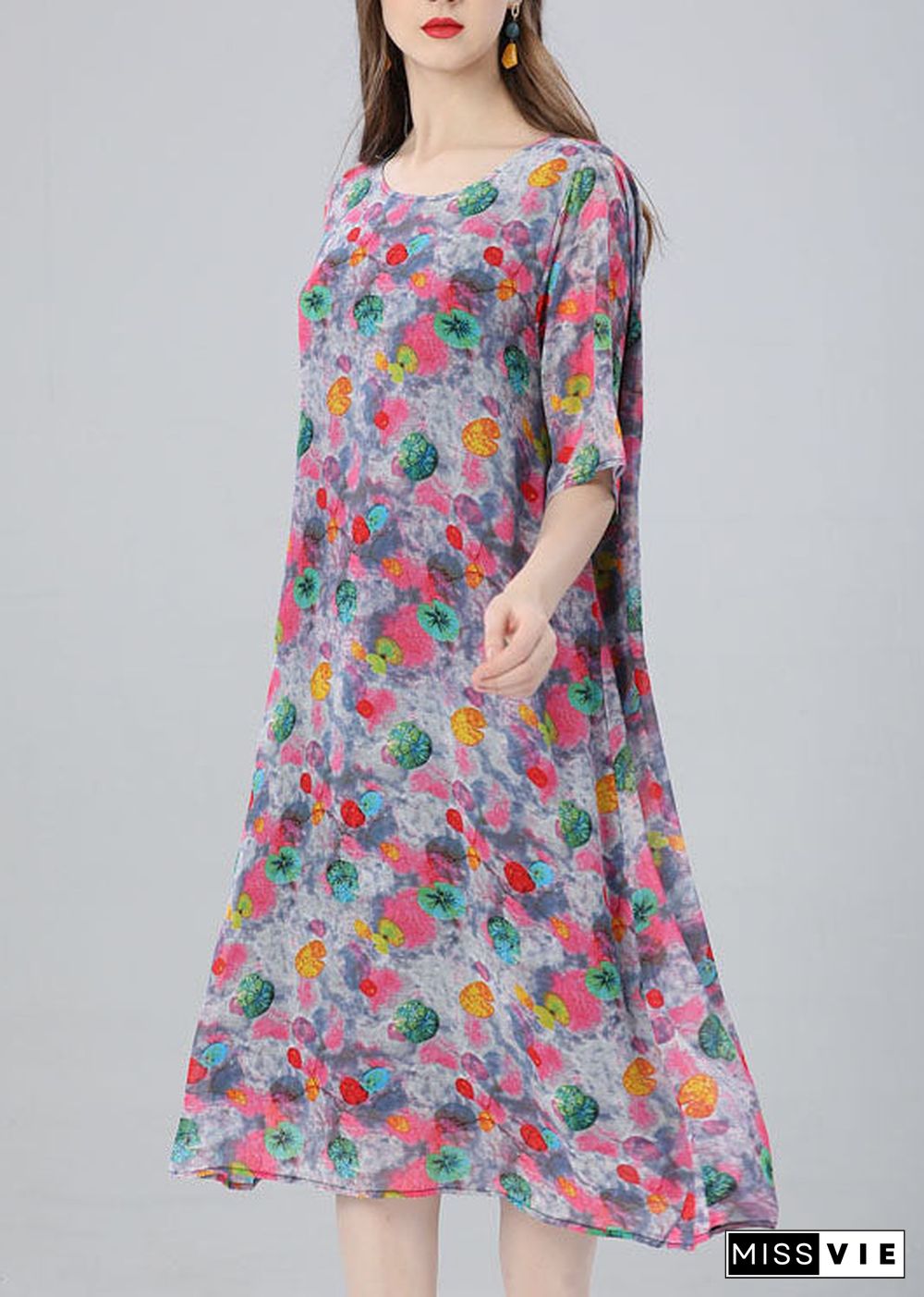 Women Floral O Neck Print Patchwork Chiffon Dress Summer