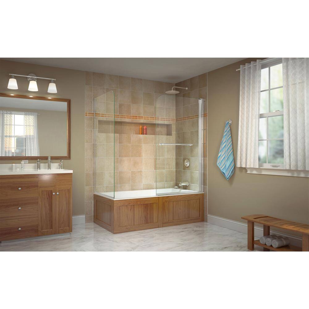 DreamLine Aqua Swing 56 to 60 in. x 58 in. Frameless Hinged Tub Door in Chrome with Return Panel SHDR-3734580-RT-01