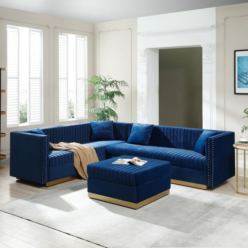 Vertical Channel Tufted Velvet Sectional Sofa  L Shaped Upholstered Corner Couch with Ottoman and 4 Pillows  Nailhead Trimming